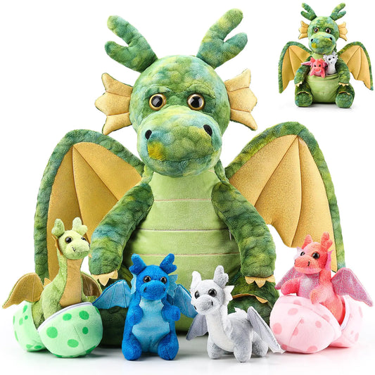Arrowbash 7 Pcs Dragon Plush Toys Gift Set 15.75" Large Dragon Mom Stuffed Animal with 4 Cute Babies Dragon Plush and 2 Eggs in Mommy Dragons Belly for Kid Birthday Christmas Classroom Prizes(Green)